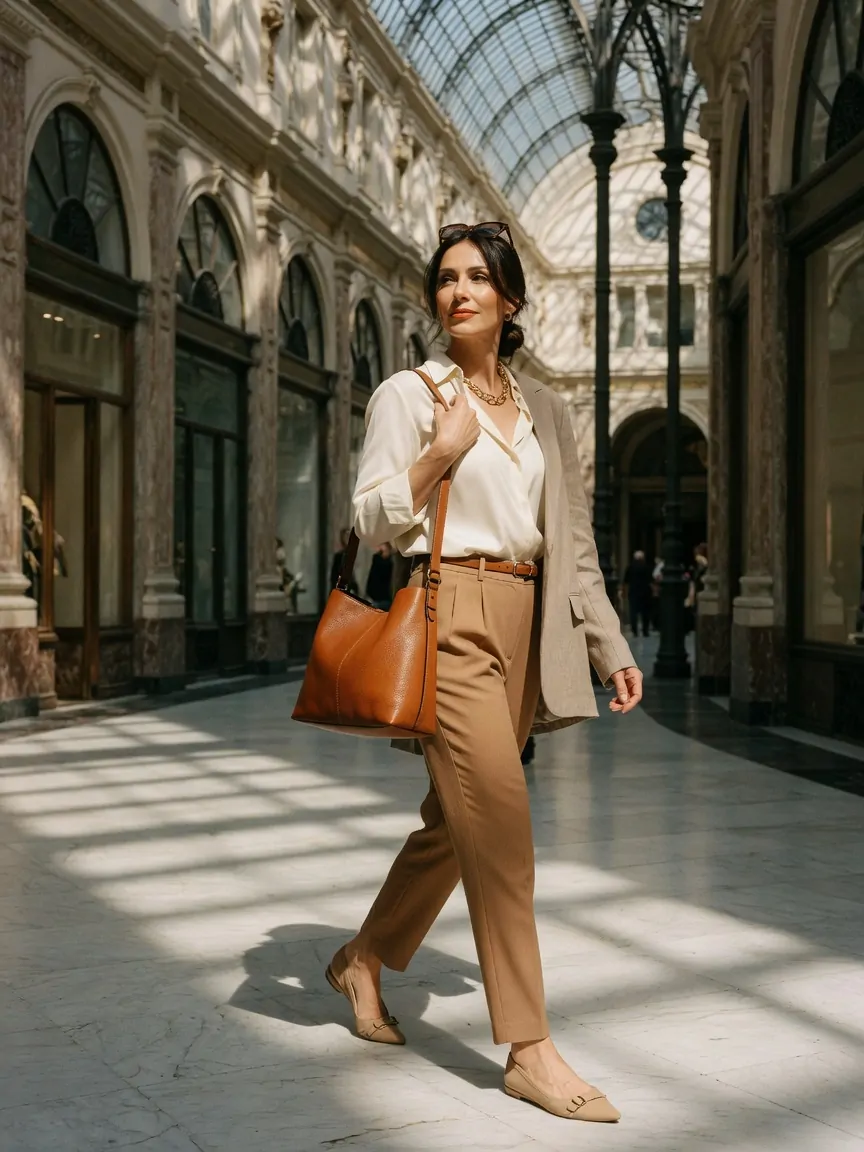 Femme portant un sac cabas en cuir cognac