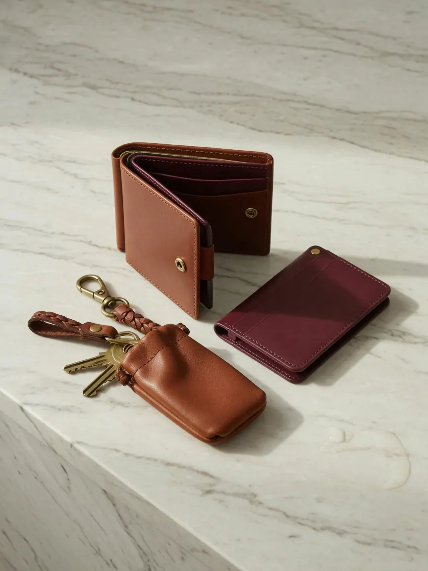 Portefeuille cognac, porte-cartes bordeaux et étui clés en cuir italien