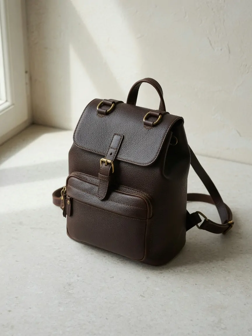 Sac à dos compact en cuir espresso italien, boucles laiton