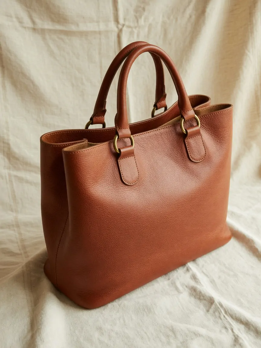 Grand sac cabas en cuir de vachette cognac, poignées et grain italien
