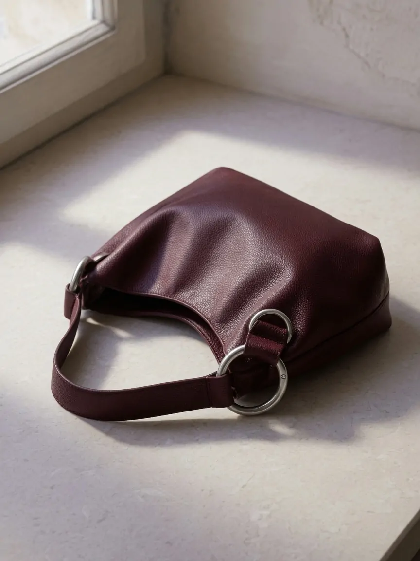 Sac hobo souple en cuir bordeaux